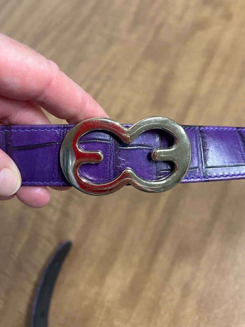 Vintage ESCADA Purple Croc Leather Belt Gold EE Logo Buckle Made in Italy 42 Z